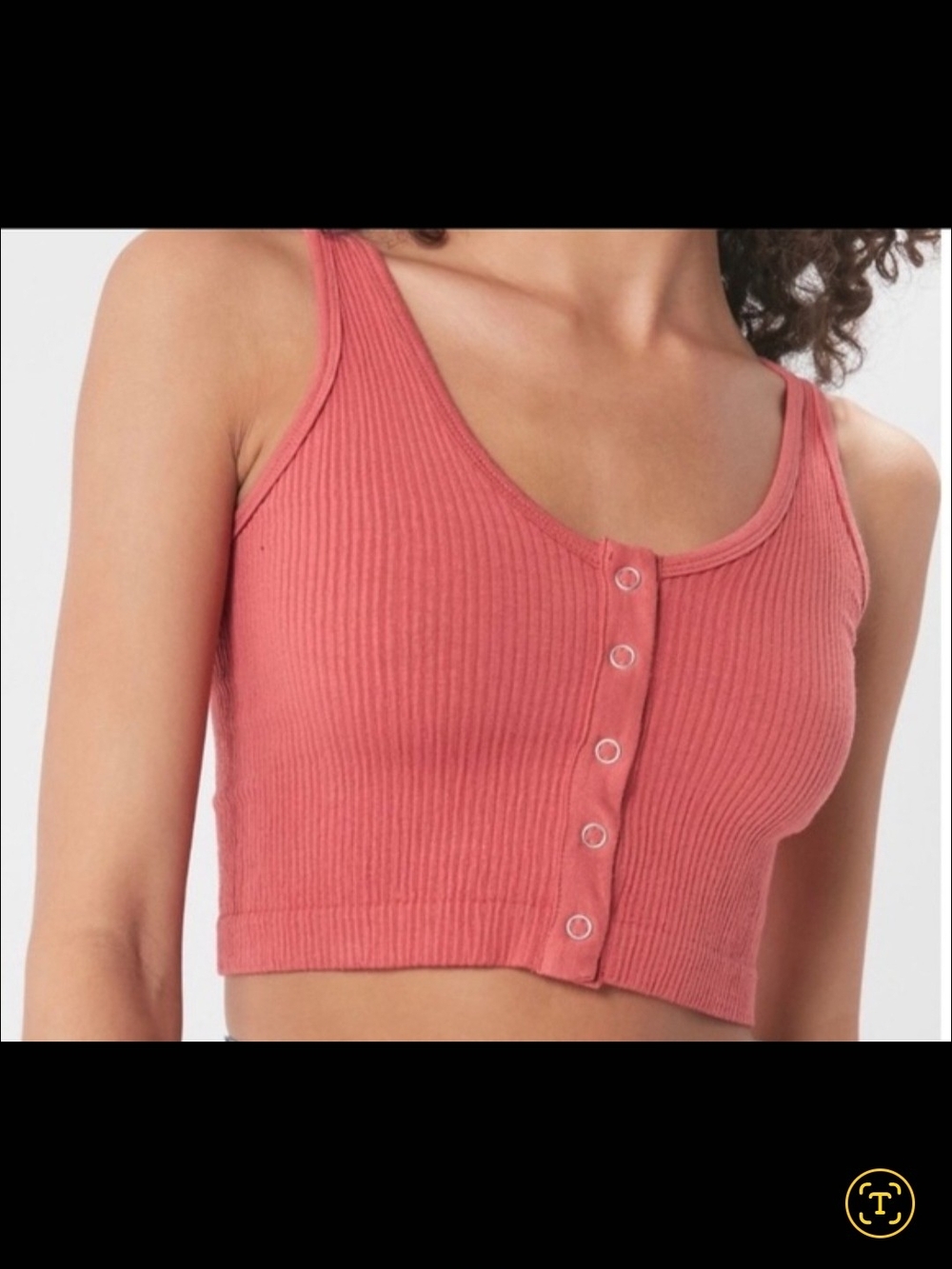 Ribbed Button-Front Crop Tank Top - Coral Pink